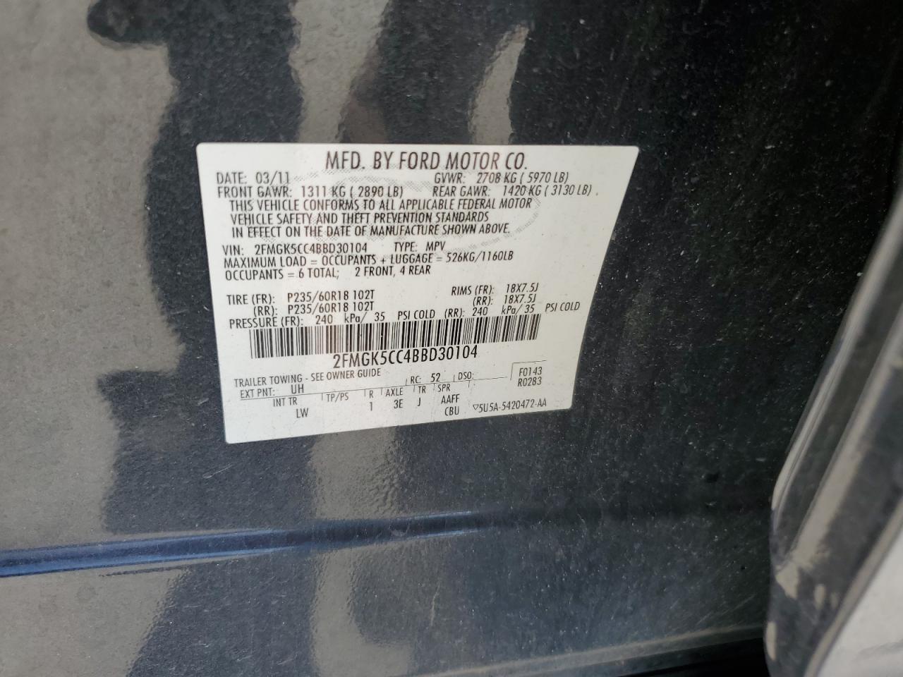 2011 Ford Flex Sel VIN: 2FMGK5CC4BBD30104 Lot: 73702824