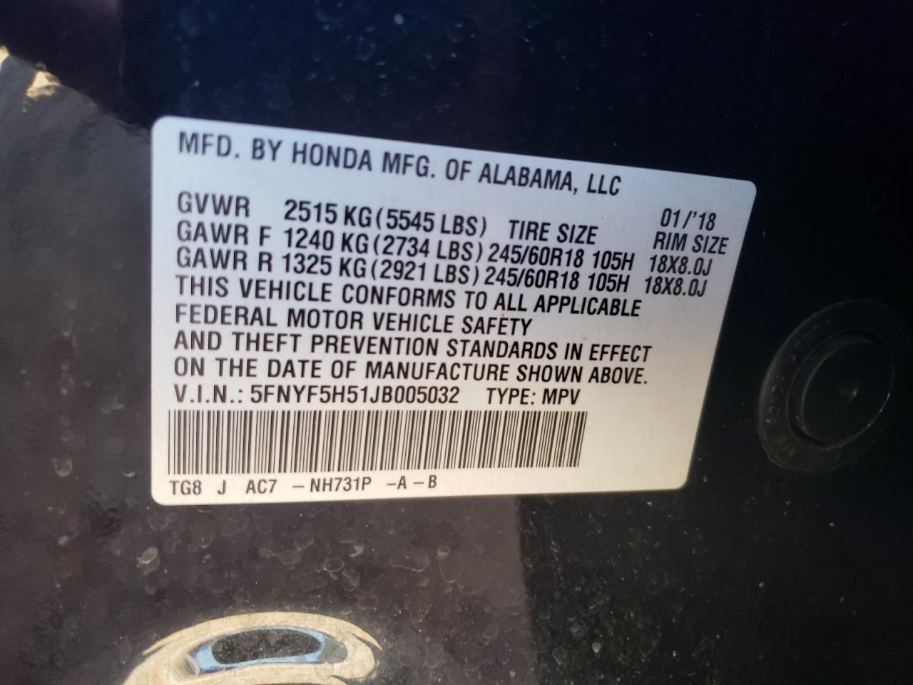 2018 Honda Pilot Exl VIN: 5FNYF5H51JB005032 Lot: 77105394