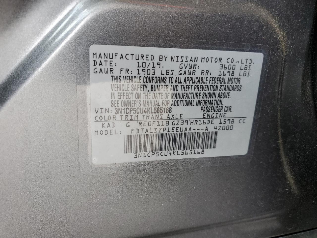 2019 Nissan Kicks S VIN: 3N1CP5CU4KL565168 Lot: 76242844