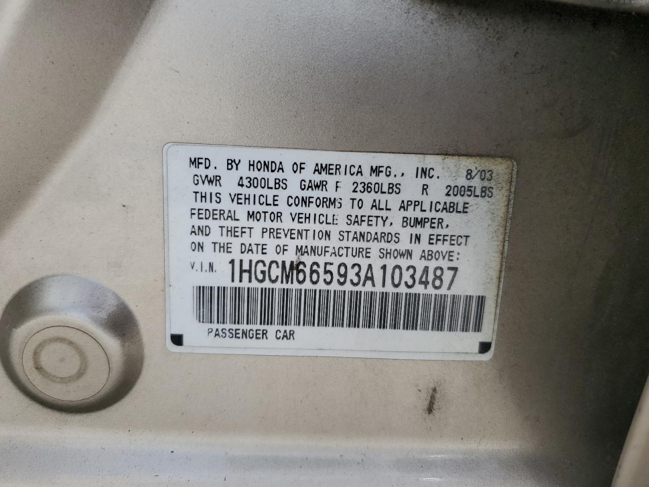 1HGCM66593A103487 2003 Honda Accord Ex