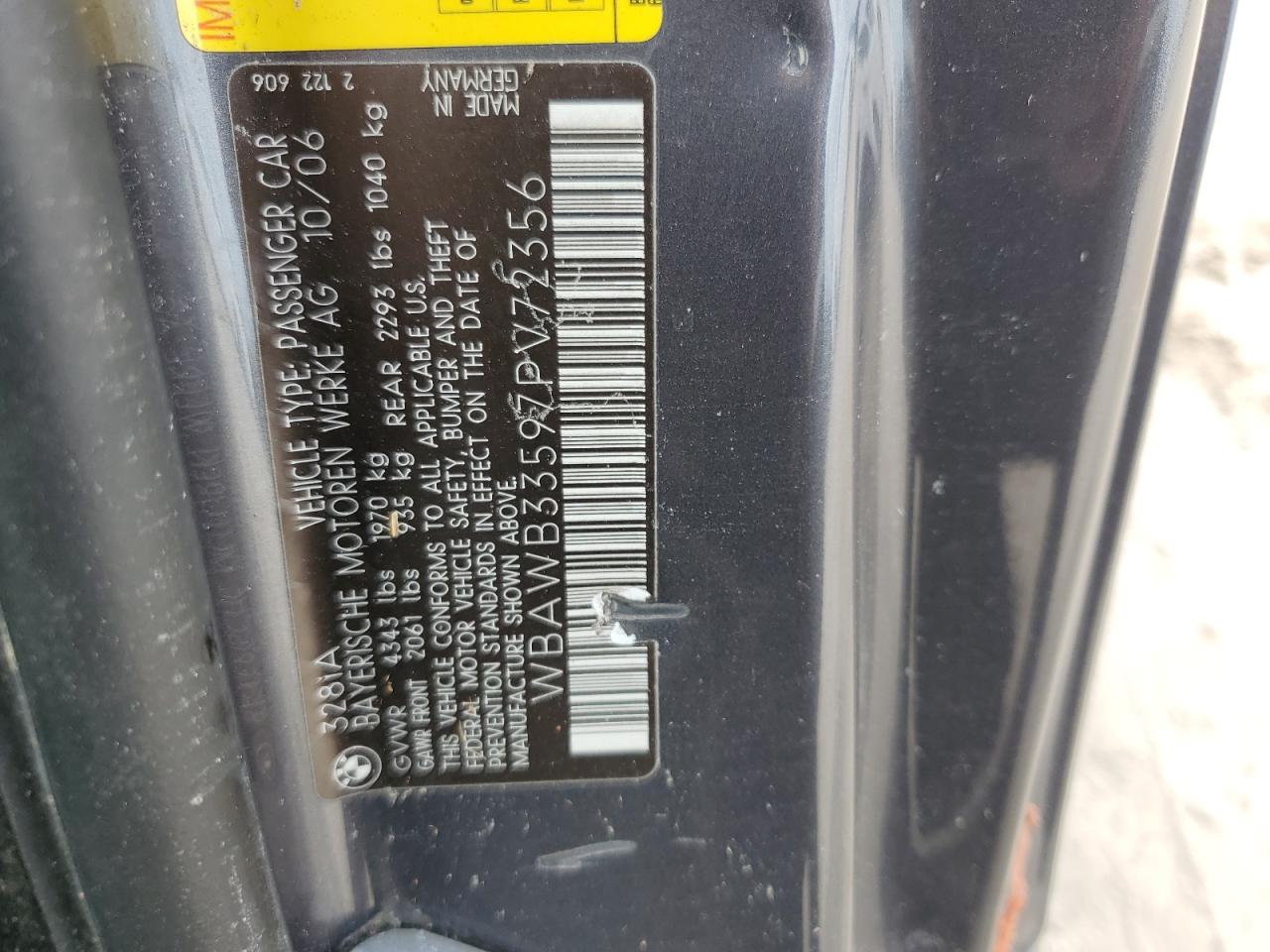 2007 BMW 328 I VIN: WBAWB33597PV72356 Lot: 74389614