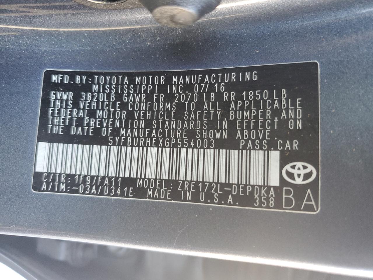 VIN 5YFBURHEXGP554003 2016 TOYOTA COROLLA no.13