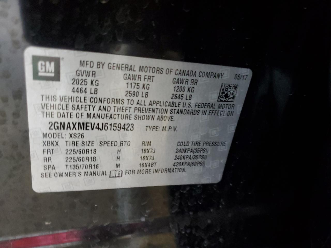 2GNAXMEV4J6159423 2018 Chevrolet Equinox Premier