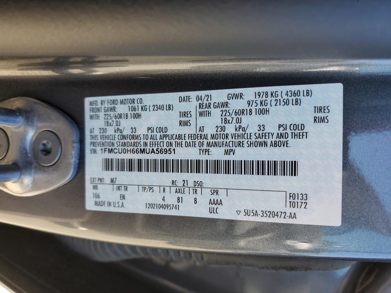 1FMCU0H66MUA56951 2021 Ford Escape Sel