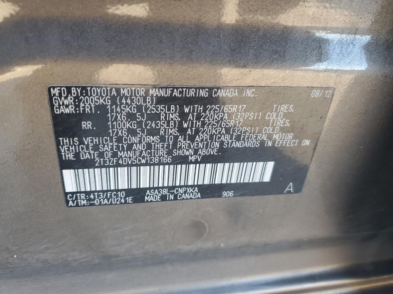 2T3ZF4DV5CW138166 2012 Toyota Rav4