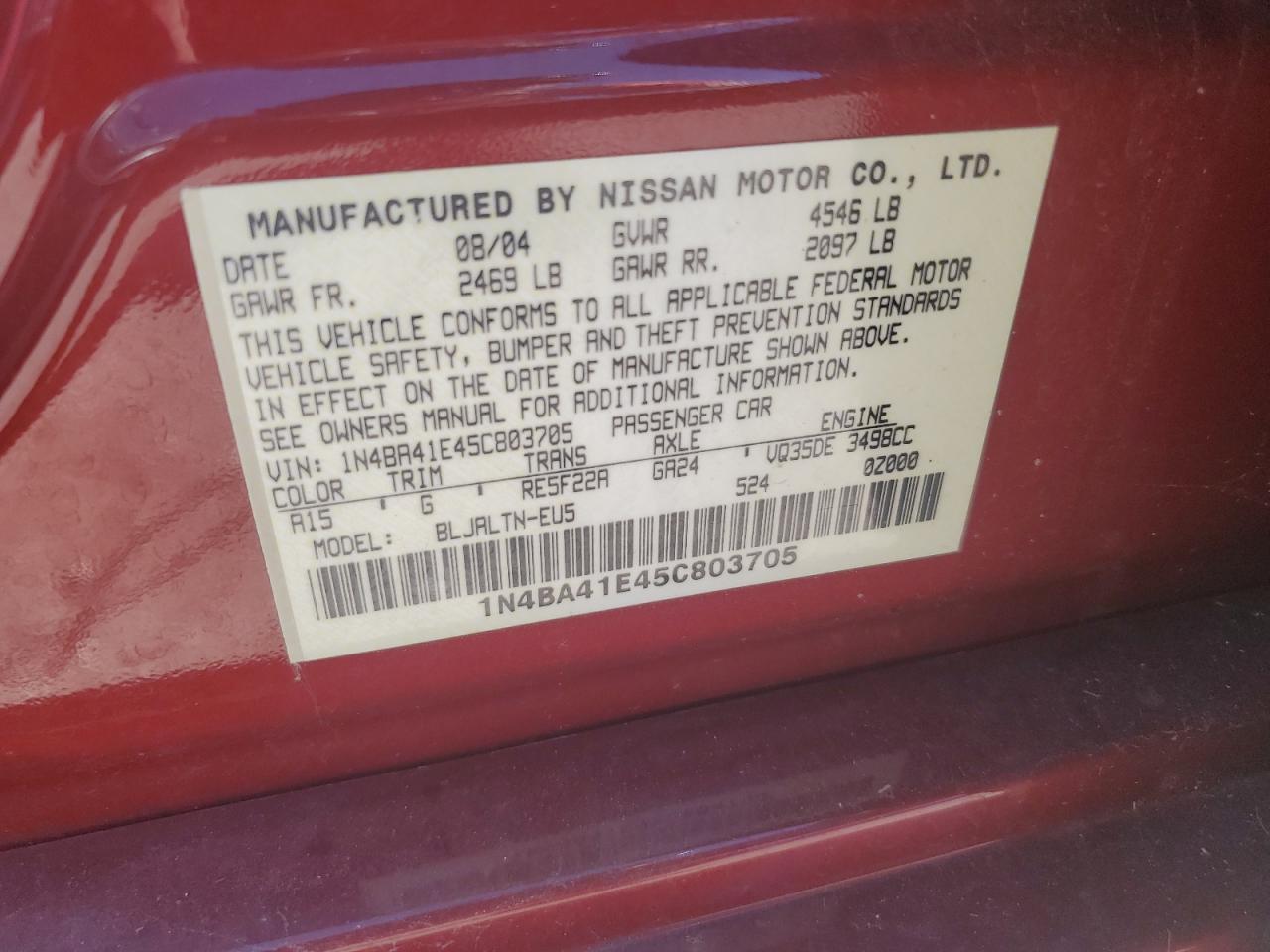 1N4BA41E45C803705 2005 Nissan Maxima Se