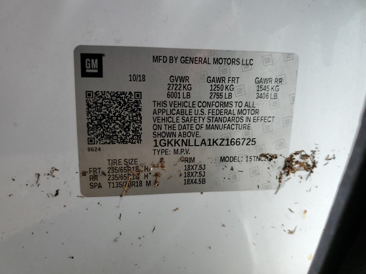 1GKKNLLA1KZ166725 2019 GMC Acadia Sle