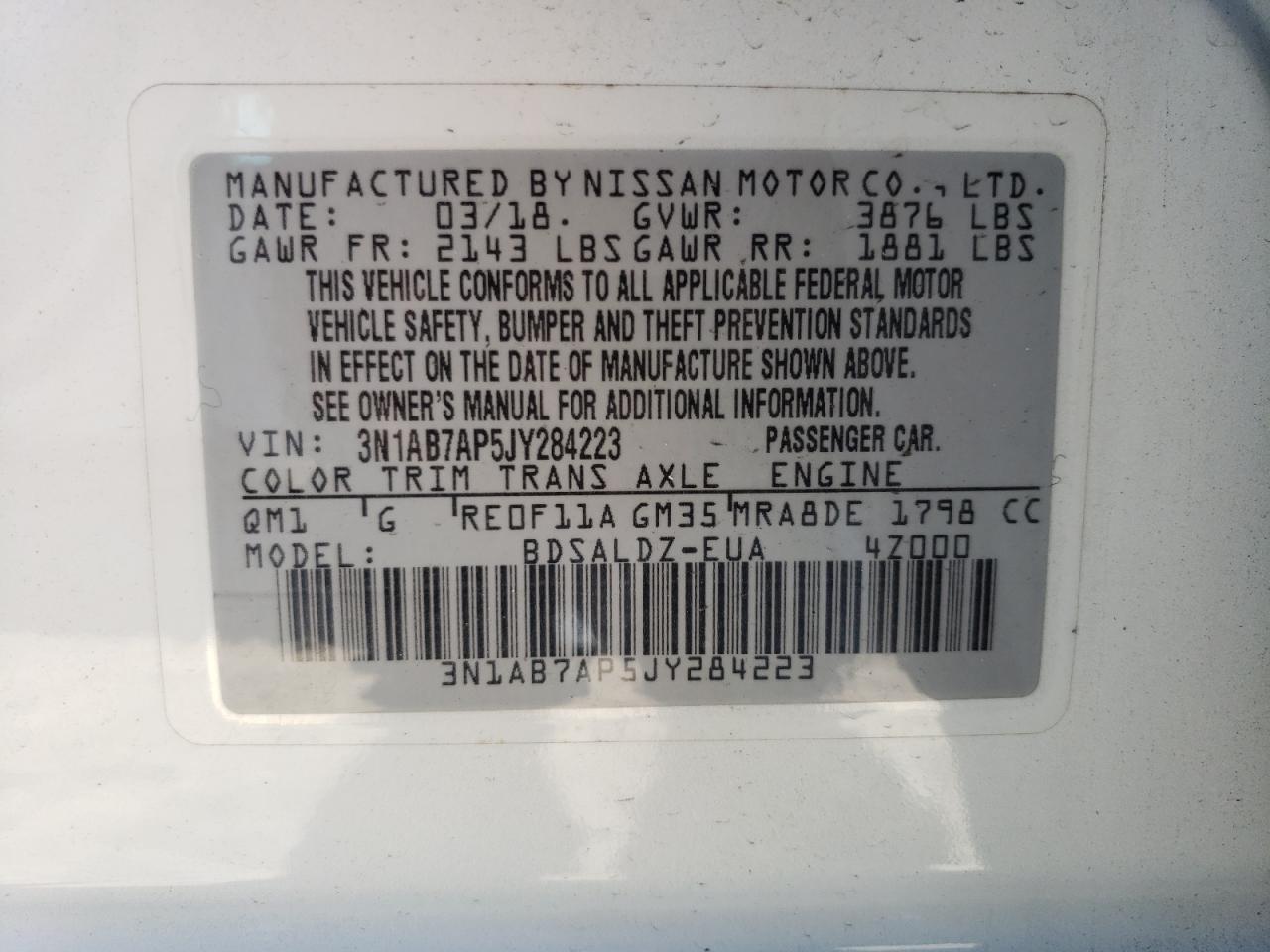 3N1AB7AP5JY284223 2018 Nissan Sentra S