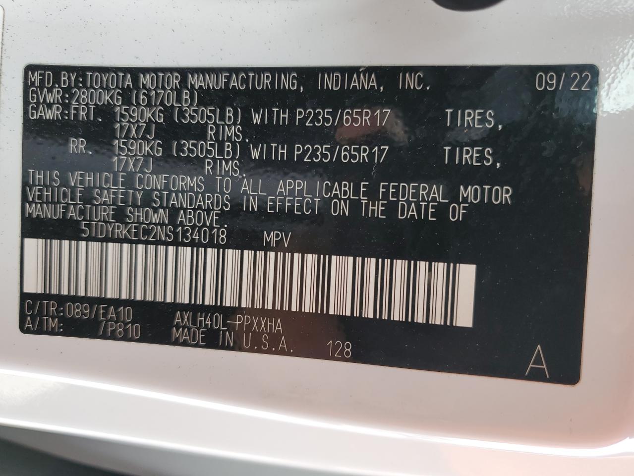 5TDYRKEC2NS134018 2022 Toyota Sienna Xle