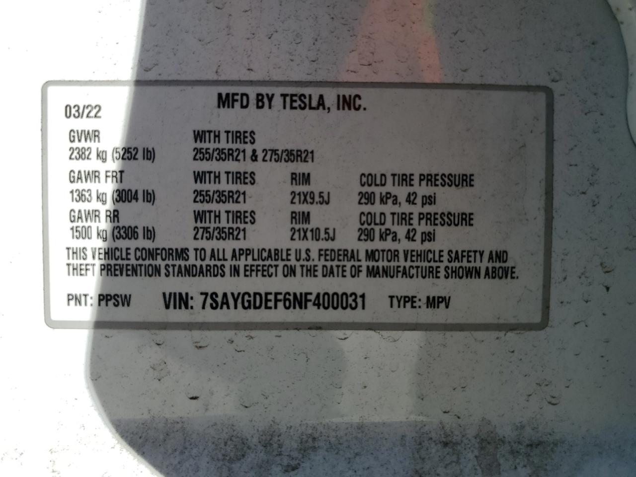 7SAYGDEF6NF400031 2022 Tesla Model Y