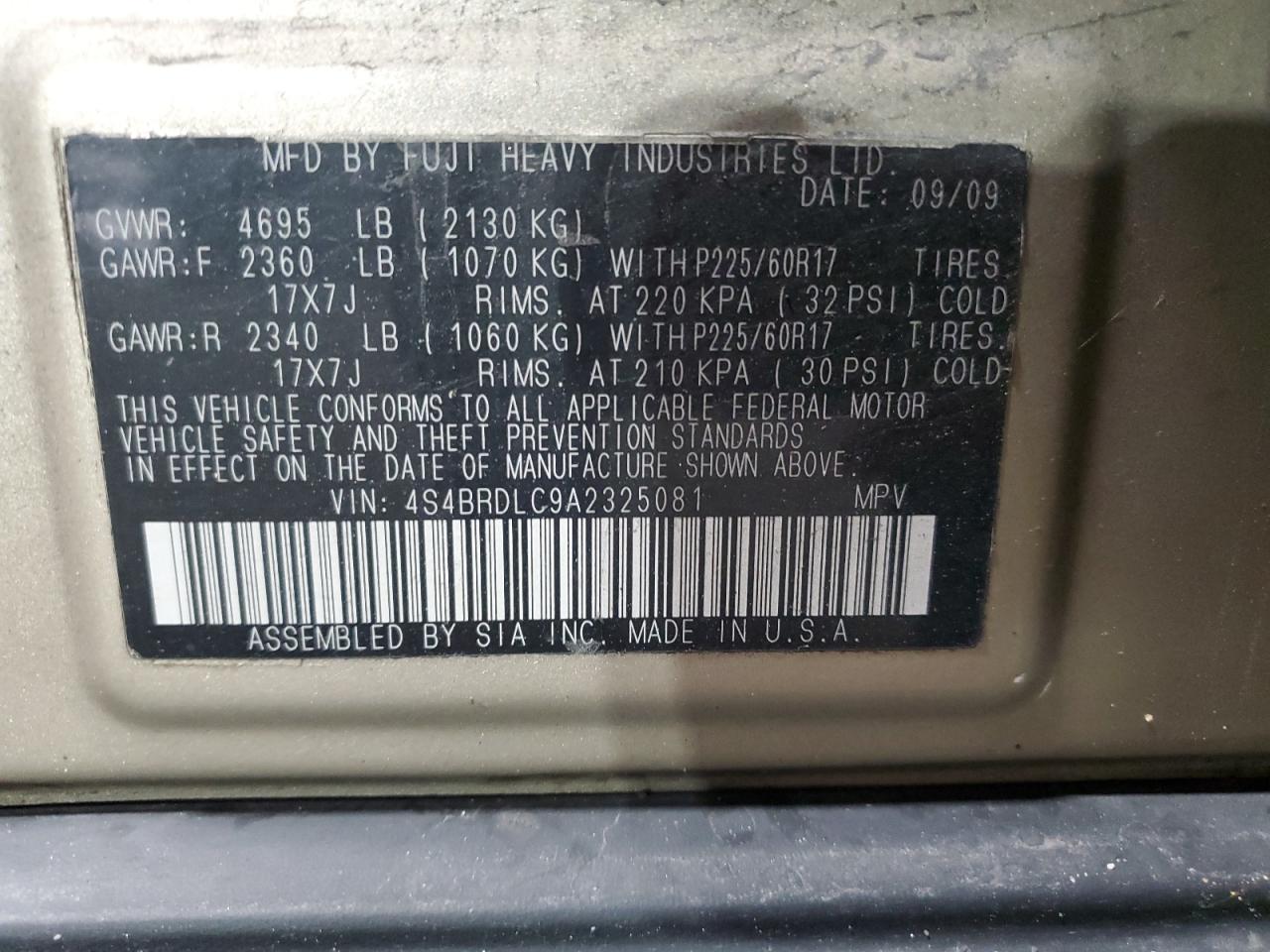 2010 Subaru Outback 3.6R Limited VIN: 4S4BRDLC9A2325081 Lot: 76042104