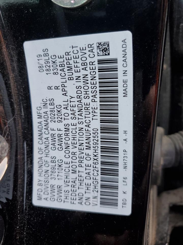 2HGFC2F6XKH592550 2019 Honda Civic Lx