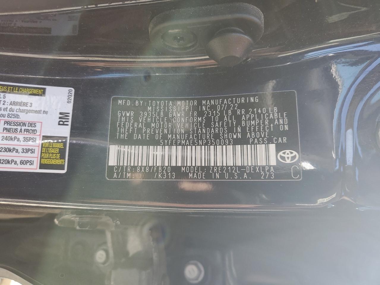 5YFEPMAE5NP350093 2022 Toyota Corolla Le