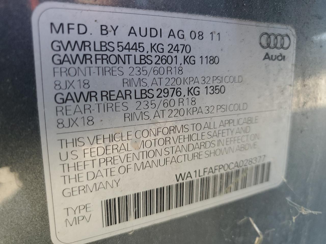 2012 Audi Q5 Premium Plus VIN: WA1LFAFP0CA028377 Lot: 74430854