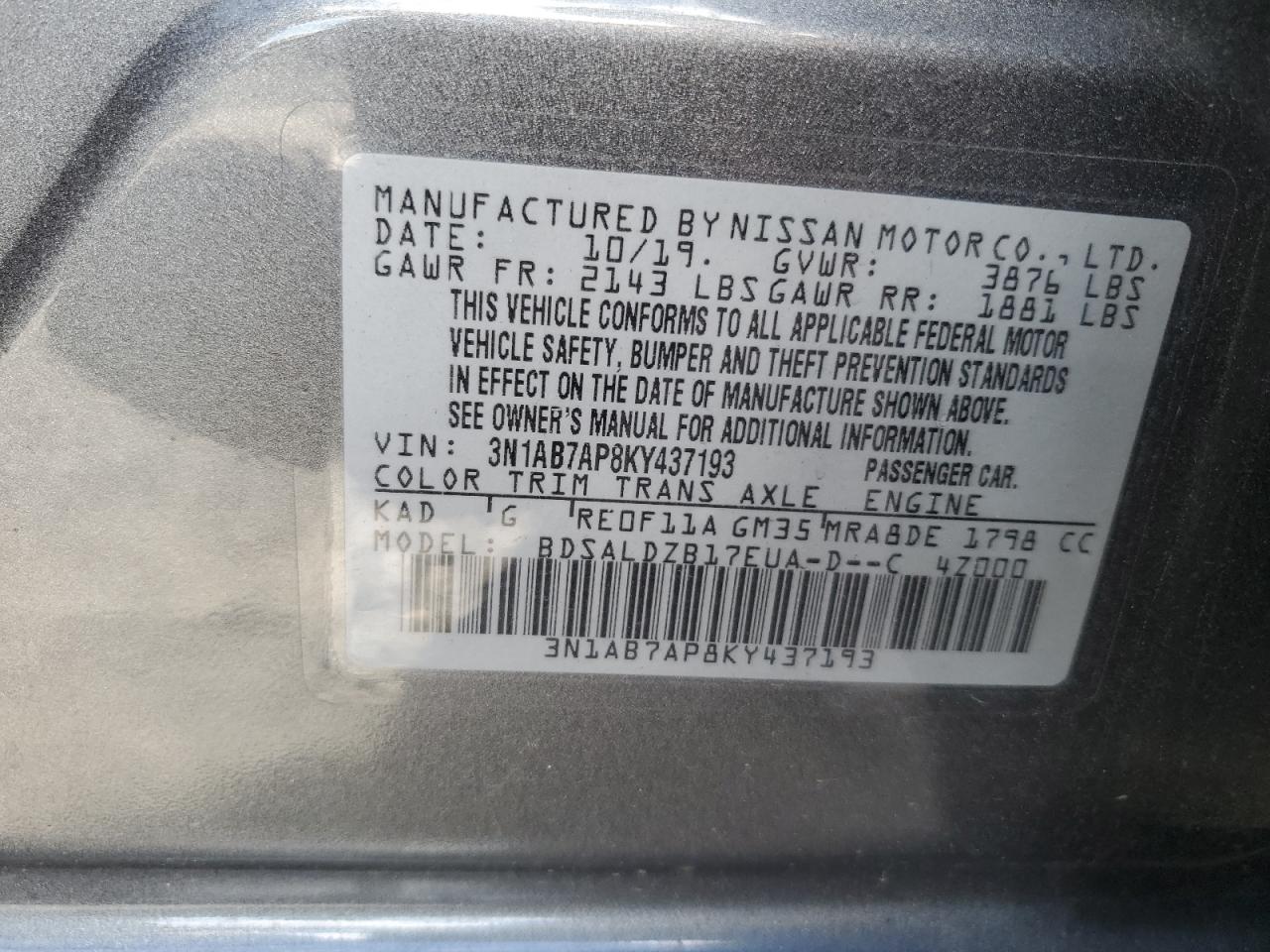 3N1AB7AP8KY437193 2019 Nissan Sentra S