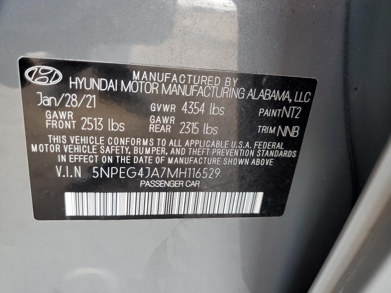 2021 Hyundai Sonata Se VIN: 5NPEG4JA7MH116529 Lot: 77616394