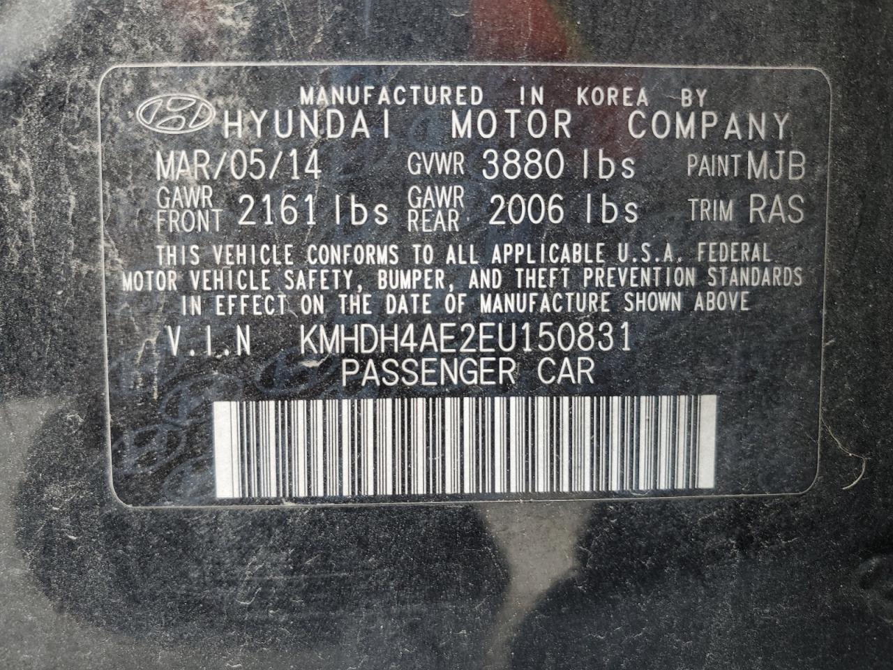 2014 Hyundai Elantra Se VIN: KMHDH4AE2EU150831 Lot: 76596894