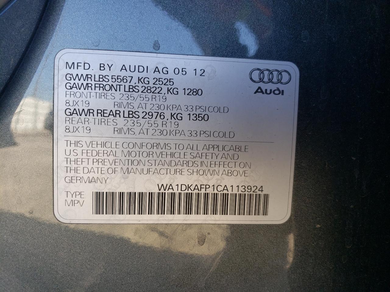 2012 Audi Q5 Premium Plus VIN: WA1DKAFP1CA113924 Lot: 78053684