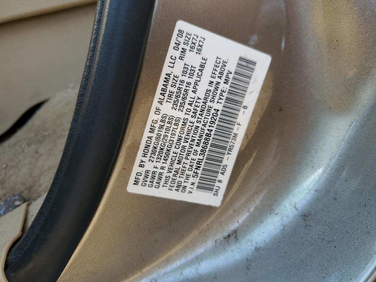 5FNRL38688B419204 2008 Honda Odyssey Exl