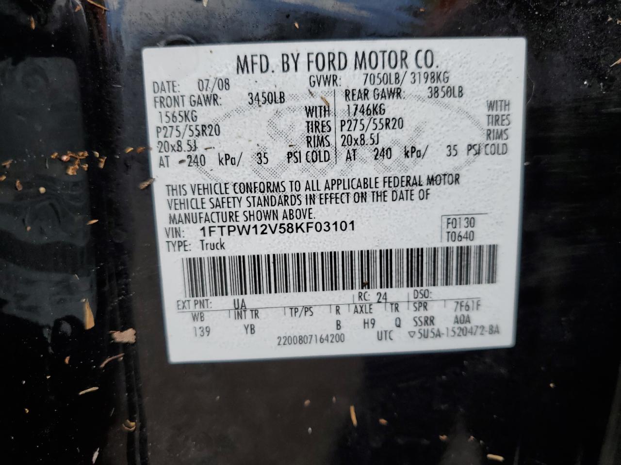 1FTPW12V58KF03101 2008 Ford F150 Supercrew