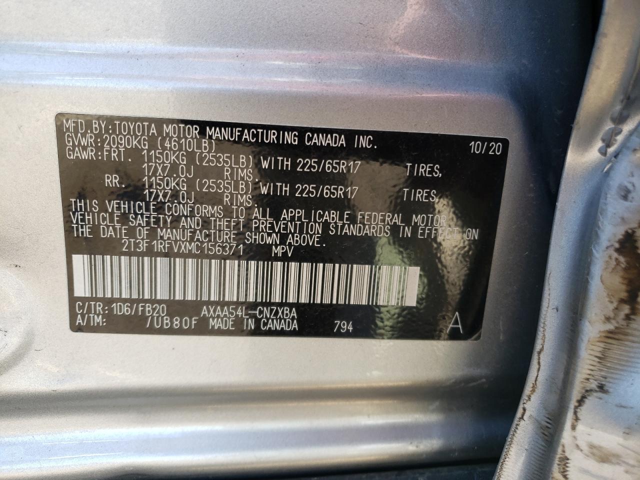 2T3F1RFVXMC156371 2021 Toyota Rav4 Le