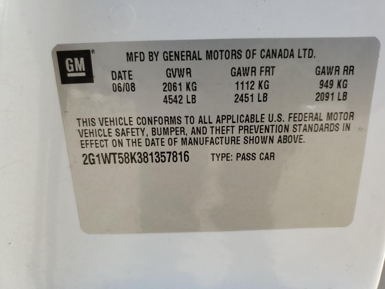 2G1WT58K381357816 2008 Chevrolet Impala Lt