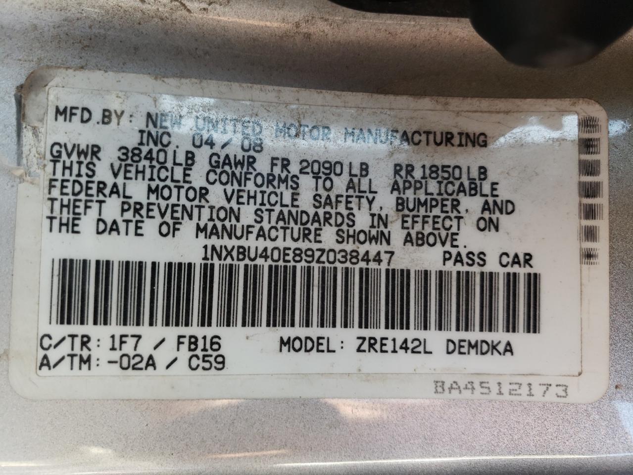 1NXBU40E89Z038447 2009 Toyota Corolla Base