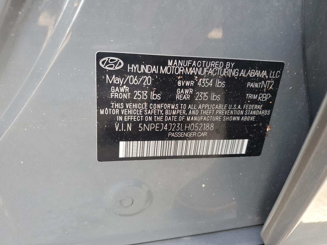 5NPEJ4J23LH052188 2020 Hyundai Sonata Sel Plus