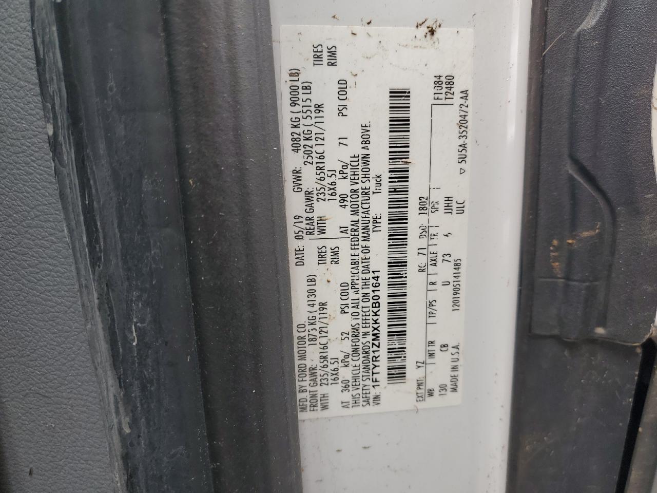 2019 Ford Transit T-250 VIN: 1FTYR1ZMXKKB01641 Lot: 76131064