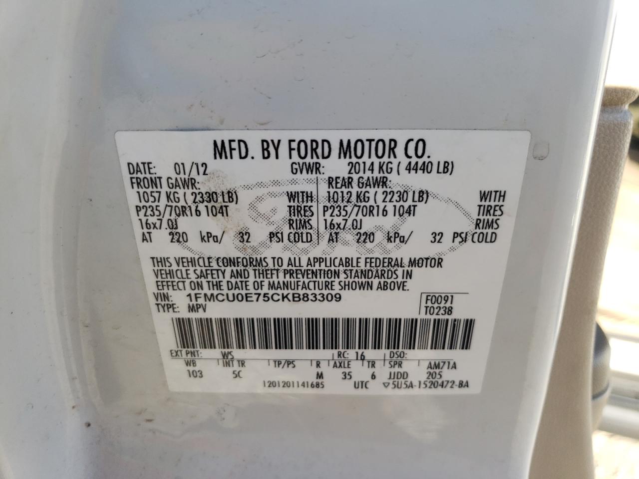 1FMCU0E75CKB83309 2012 Ford Escape Limited