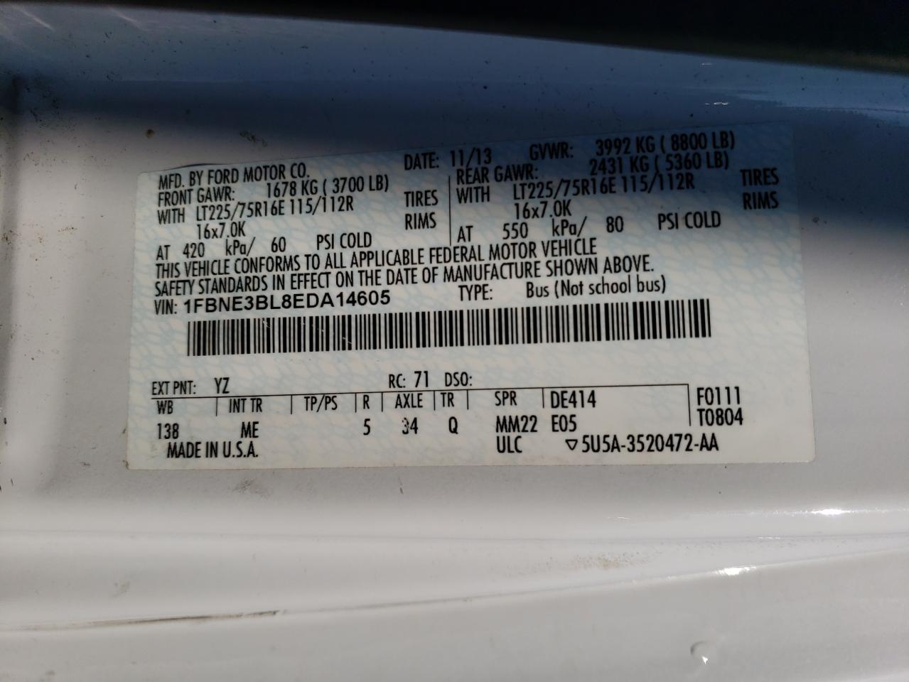 1FBNE3BL8EDA14605 2014 Ford Econoline E350 Super Duty Wagon