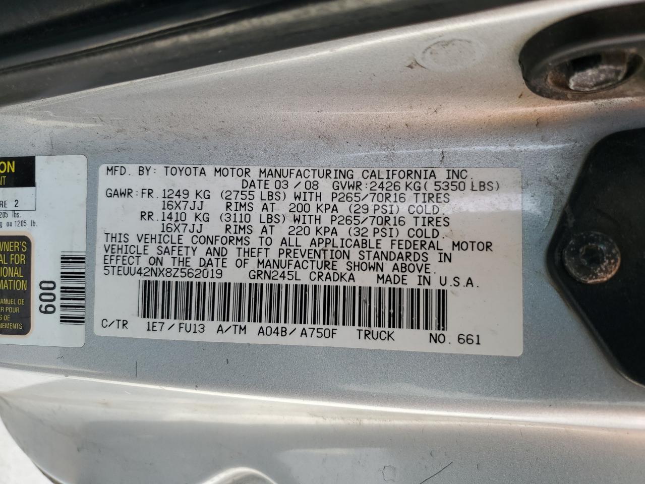 2008 Toyota Tacoma Access Cab VIN: 5TEUU42NX8Z562019 Lot: 78931384