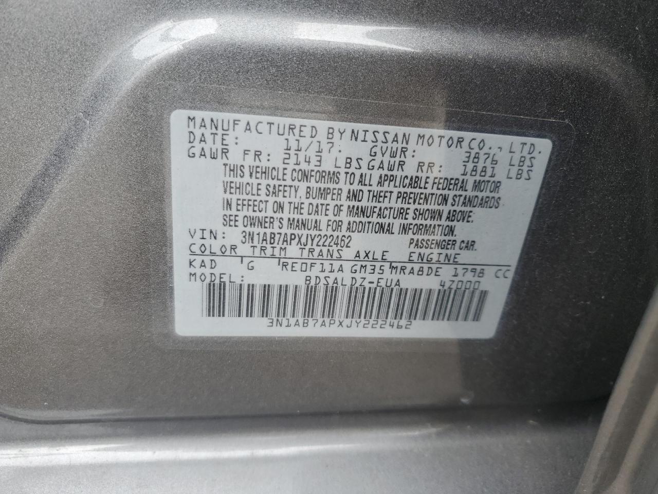 3N1AB7APXJY222462 2018 Nissan Sentra S