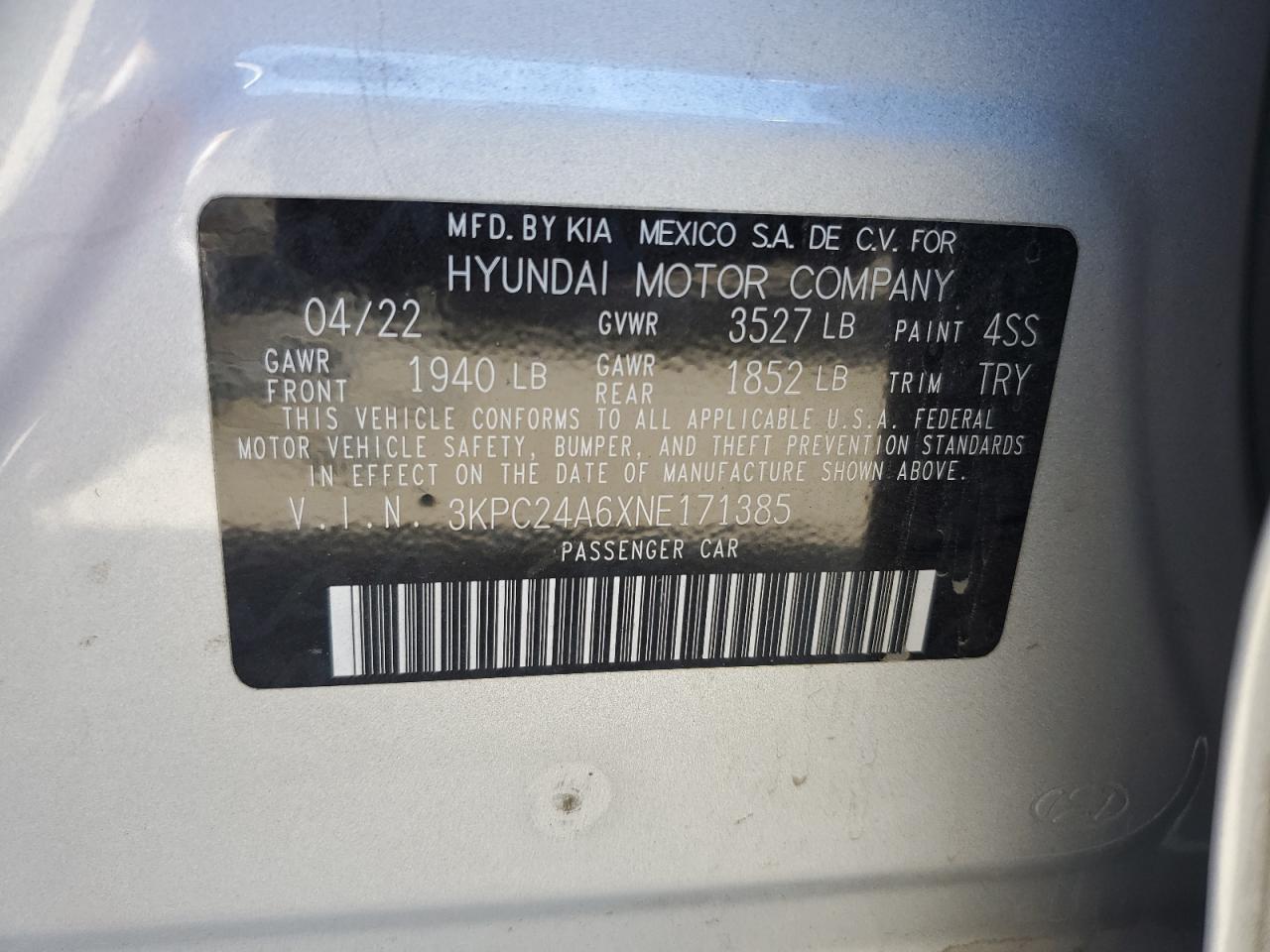 3KPC24A6XNE171385 2022 Hyundai Accent Se