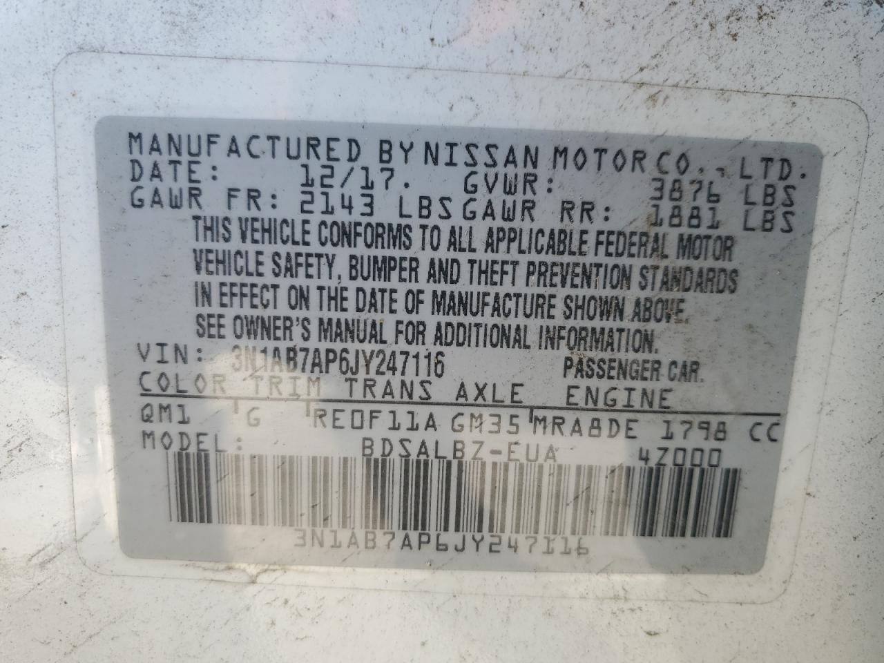 3N1AB7AP6JY247116 2018 Nissan Sentra S