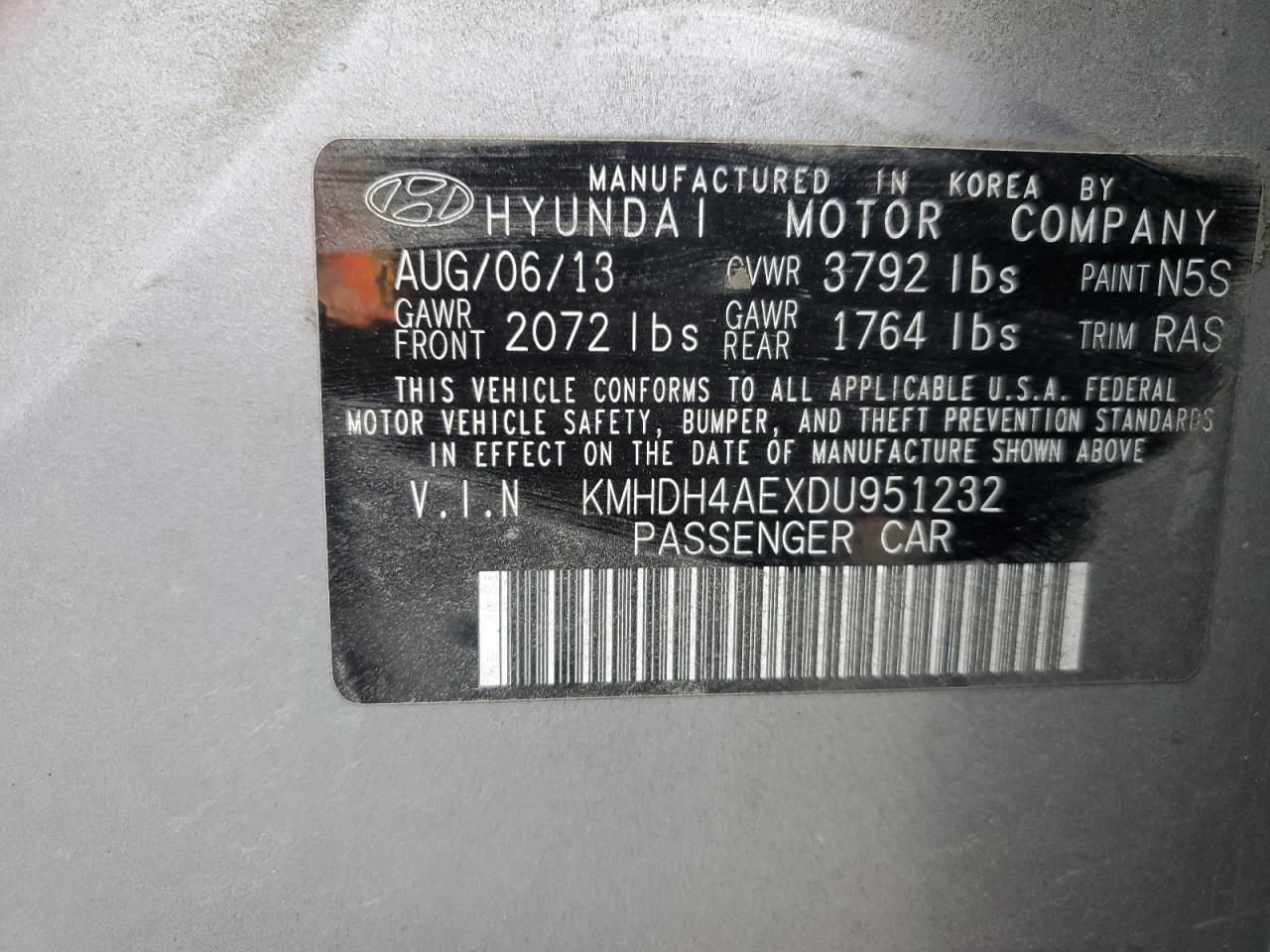 KMHDH4AEXDU951232 2013 Hyundai Elantra Gls