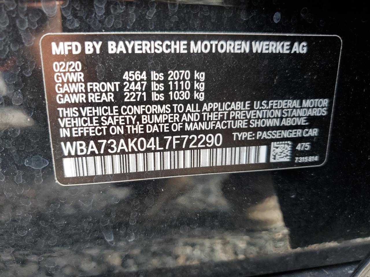 2020 BMW 228Xi VIN: WBA73AK04L7F72290 Lot: 73858054