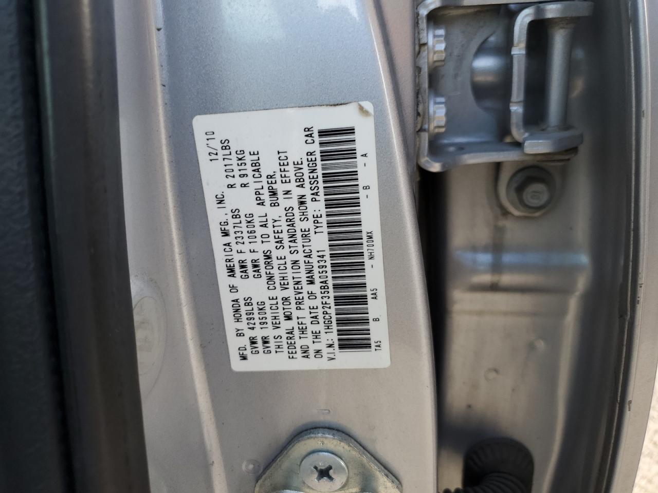 2011 Honda Accord Lx VIN: 1HGCP2F35BA059341 Lot: 74854894