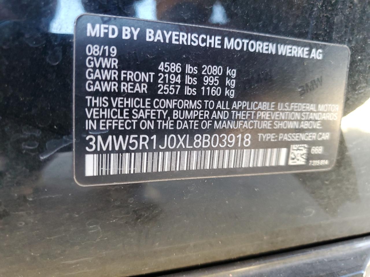 2020 BMW 330I VIN: 3MW5R1J0XL8B03918 Lot: 76601944