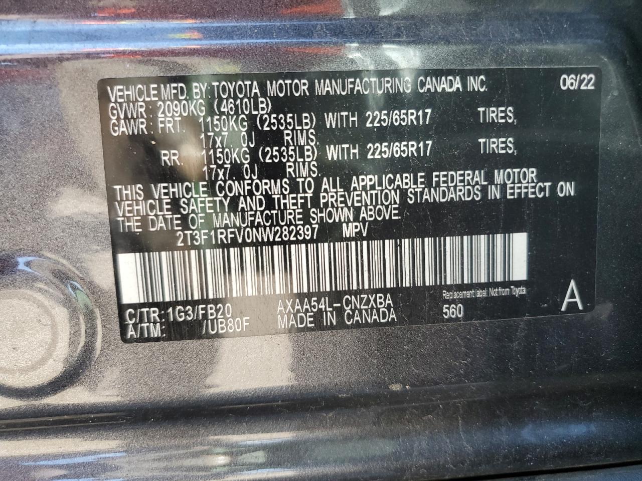 2T3F1RFV0NW282397 2022 Toyota Rav4 Le