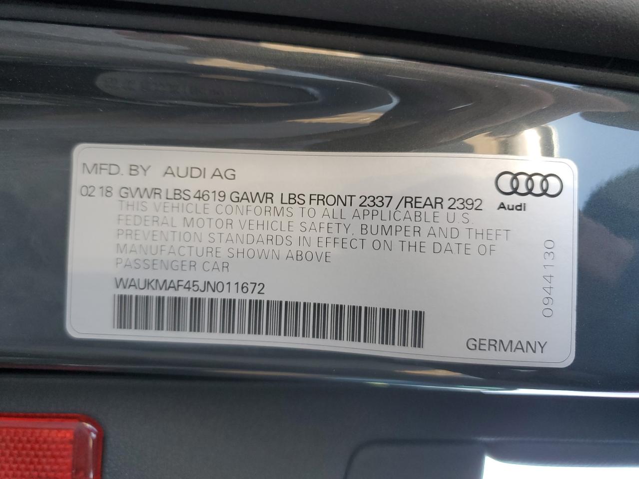 2018 Audi A4 Premium VIN: WAUKMAF45JN011672 Lot: 76131874