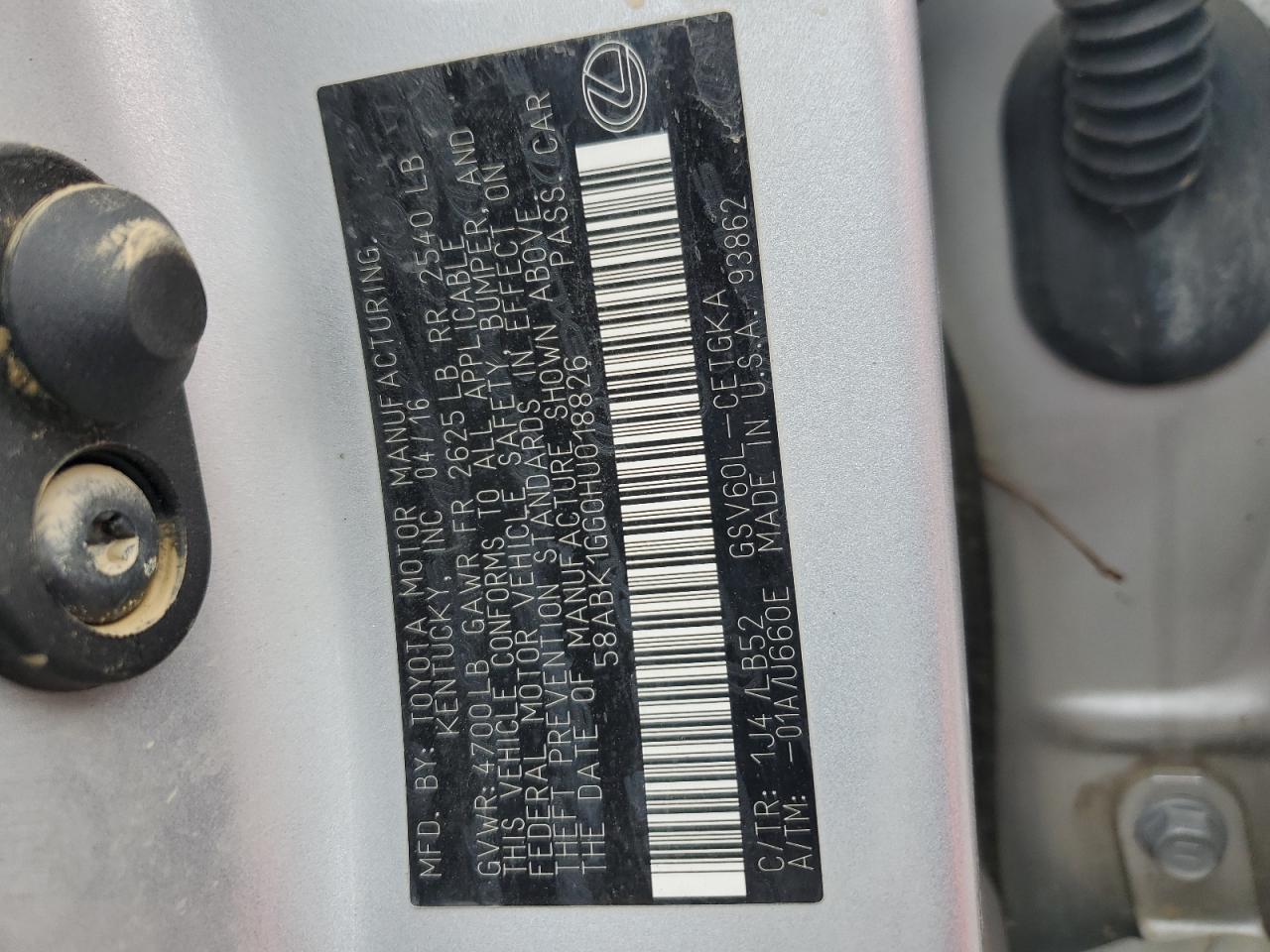 2017 Lexus Es 350 VIN: 58ABK1GG0HU018826 Lot: 75861594