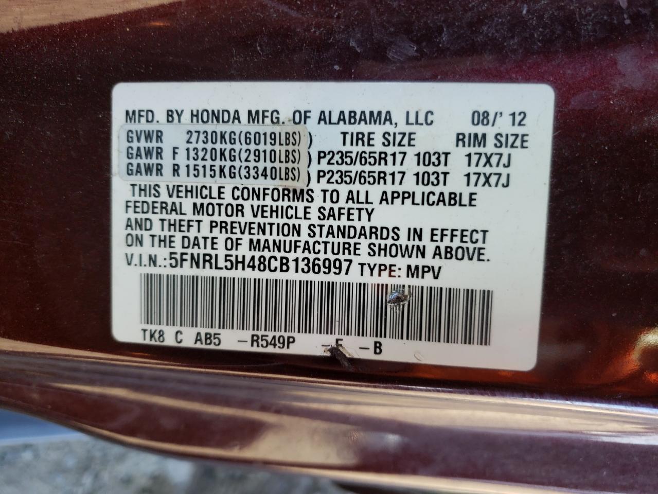 5FNRL5H48CB136997 2012 Honda Odyssey Ex