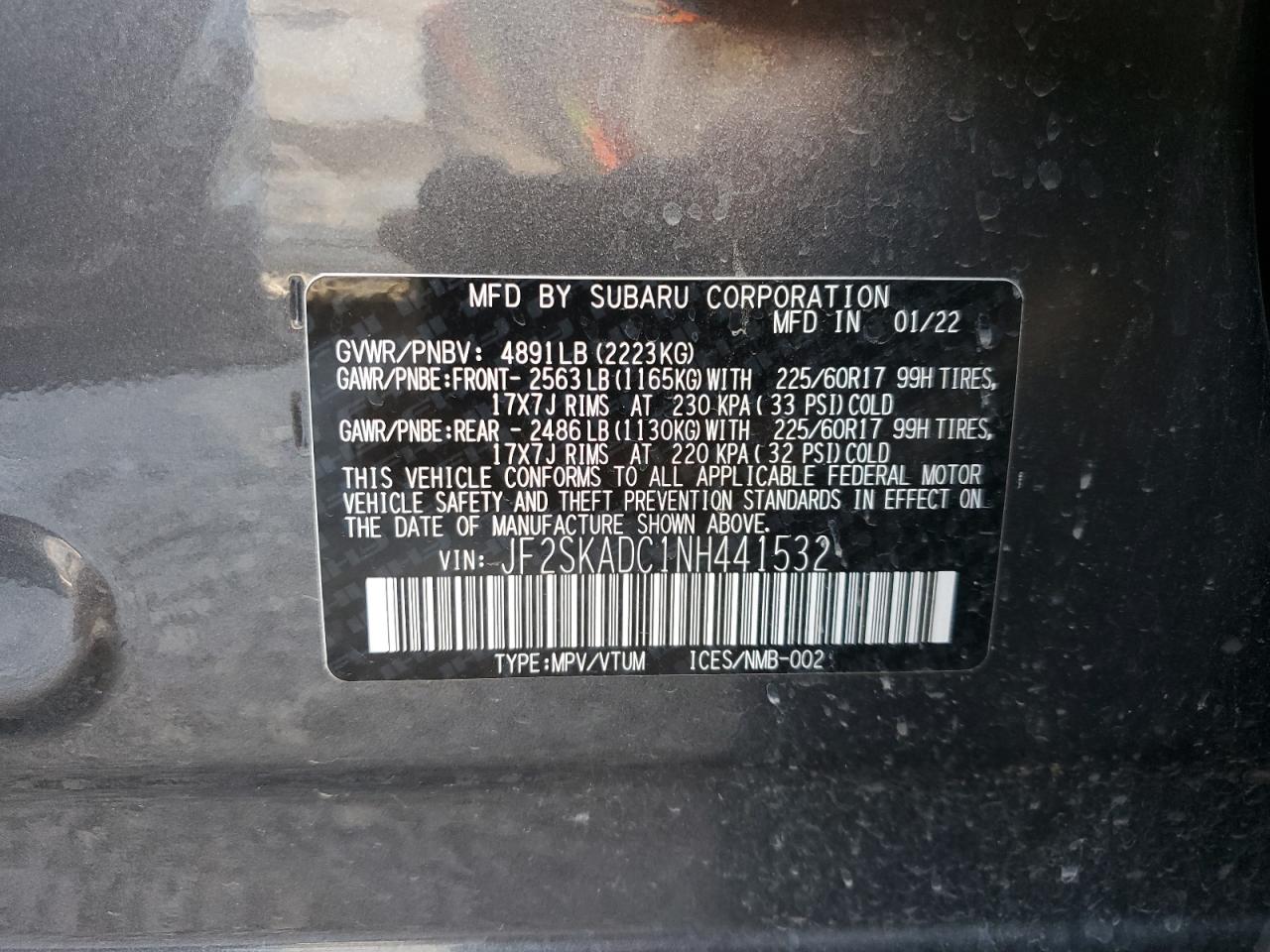 2022 Subaru Forester Premium VIN: JF2SKADC1NH441532 Lot: 76341524