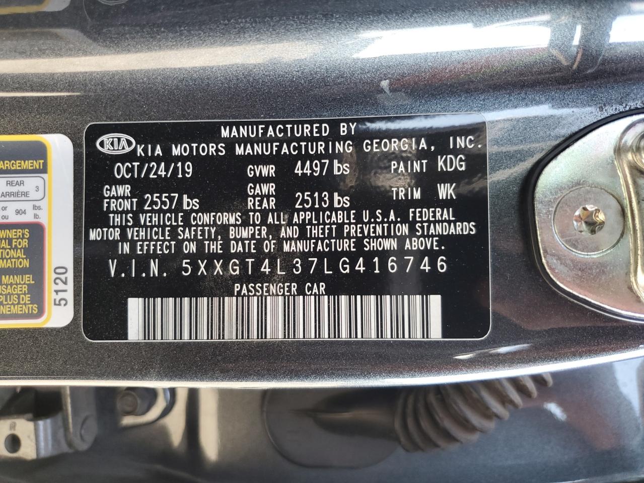 5XXGT4L37LG416746 2020 Kia Optima Lx