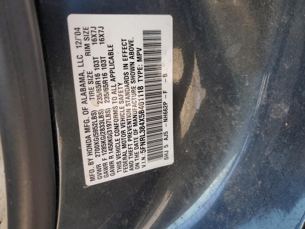 5FNRL384X5B401118 2005 Honda Odyssey Ex