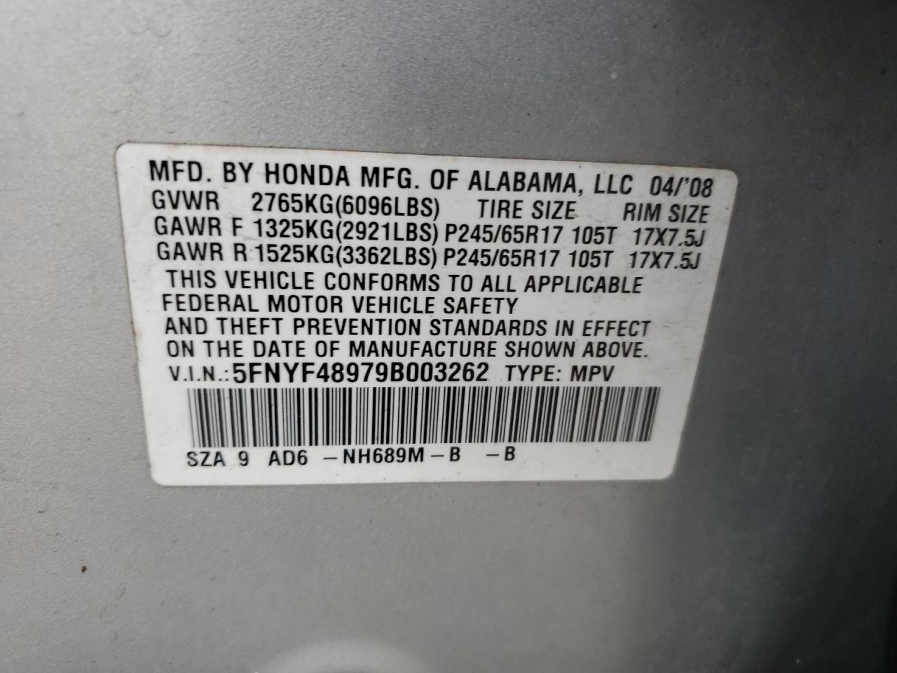 5FNYF48979B003262 2009 Honda Pilot Touring