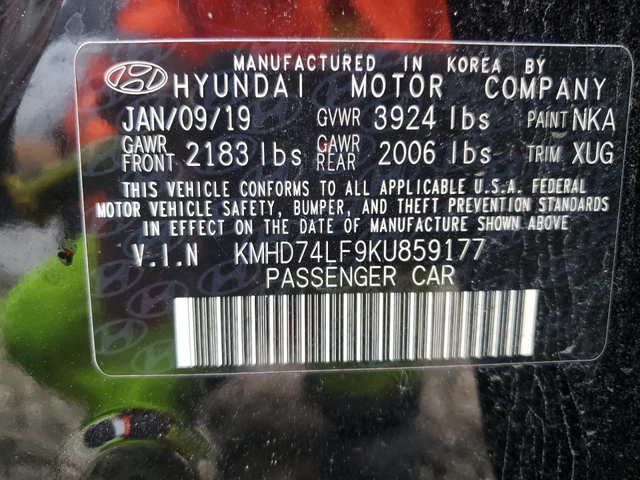 KMHD74LF9KU859177 2019 Hyundai Elantra Se