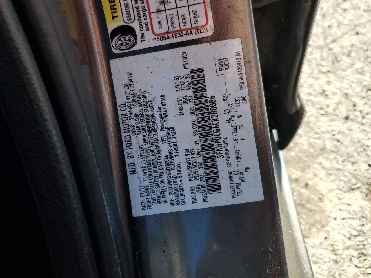 2012 Ford Fusion Sel VIN: 3FAHP0CG6CR280086 Lot: 74807974