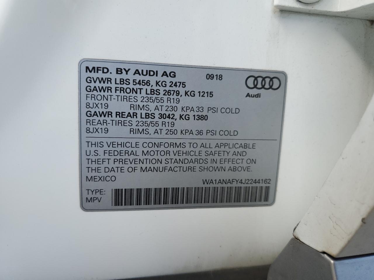 WA1ANAFY4J2244162 2018 Audi Q5 Premium